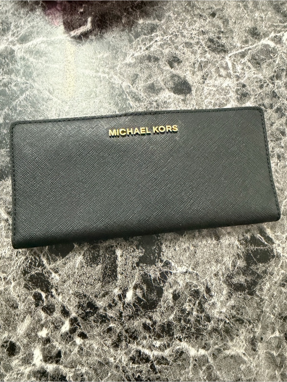 Michael Kors Black Saffiano Continental Card Holder Wallet with Gold Logo